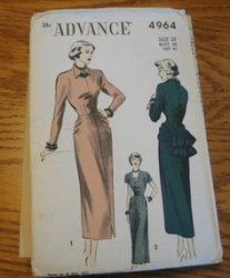 4964 ADVANCE VINTAGE SHORT - LONG SLEEVE COLLAR DRESS, BACK BUSTLE PATTERN  12 30" BUST